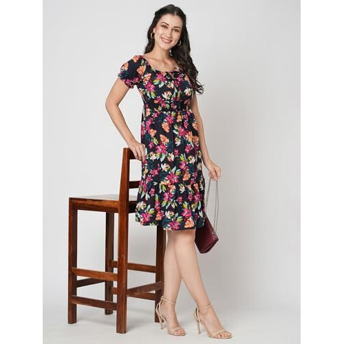 Selvia Western Dress For Women|Crepe Dress For Women|Fit & Flare Dress|Floral Printed Dress For Women|One Piece Dress For Women (737Dtk8007N-M_Navy Blue And Multi)