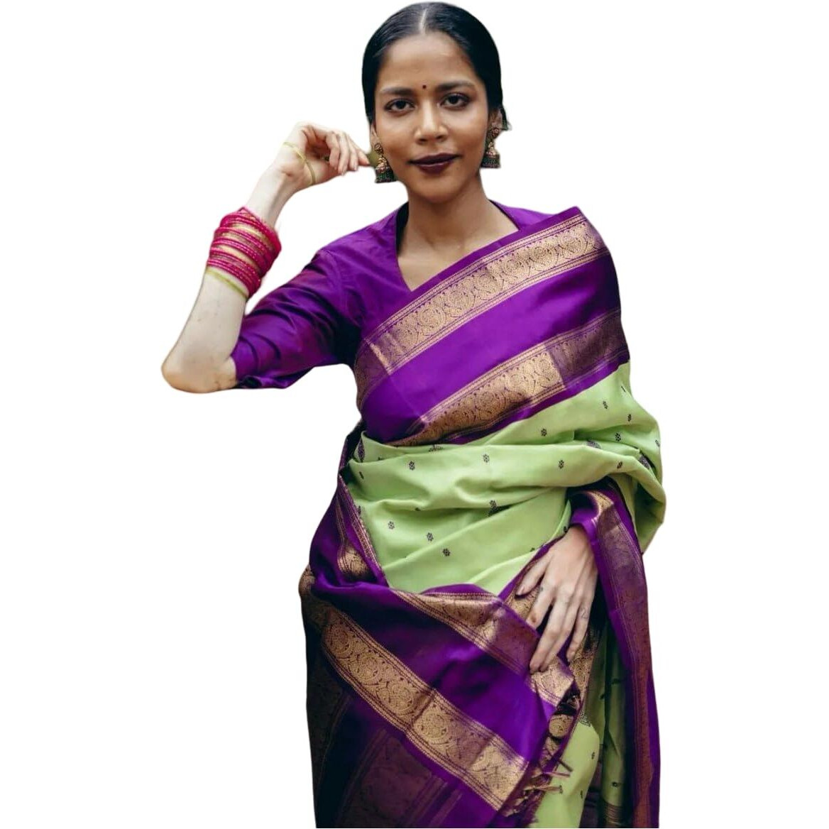Flosive Women's Beautiful Forest Pista Kanjivaram Silk Saree With Zari Weaving