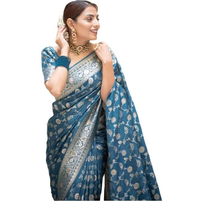 Flosive Women's Soft Kangivaram Silk Saree With Copper Zari Weaving With Boluse (Rama)