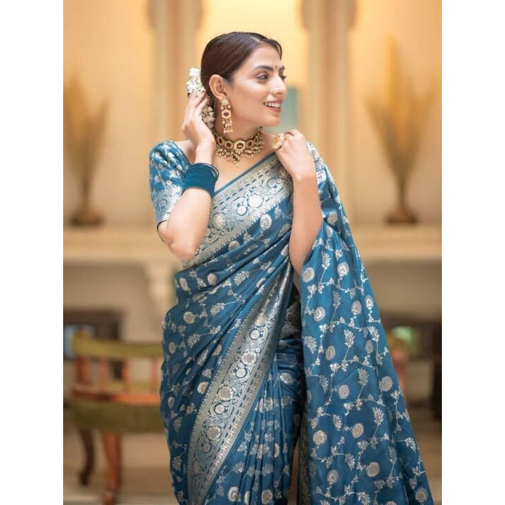 Flosive Women's Soft Kangivaram Silk Saree With Copper Zari Weaving With Boluse (Rama)