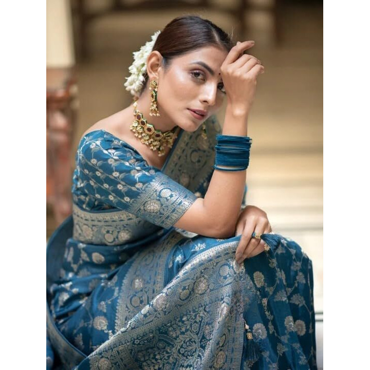 Flosive Women's Soft Kangivaram Silk Saree With Copper Zari Weaving With Boluse (Rama)