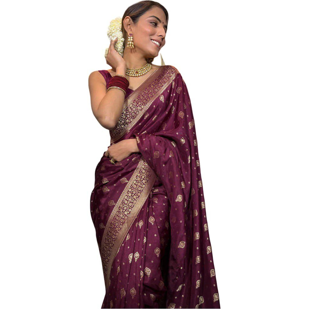 Flosive Women's Kanjivaram Silk Saree With Weaving Work With Blouse (Wine)