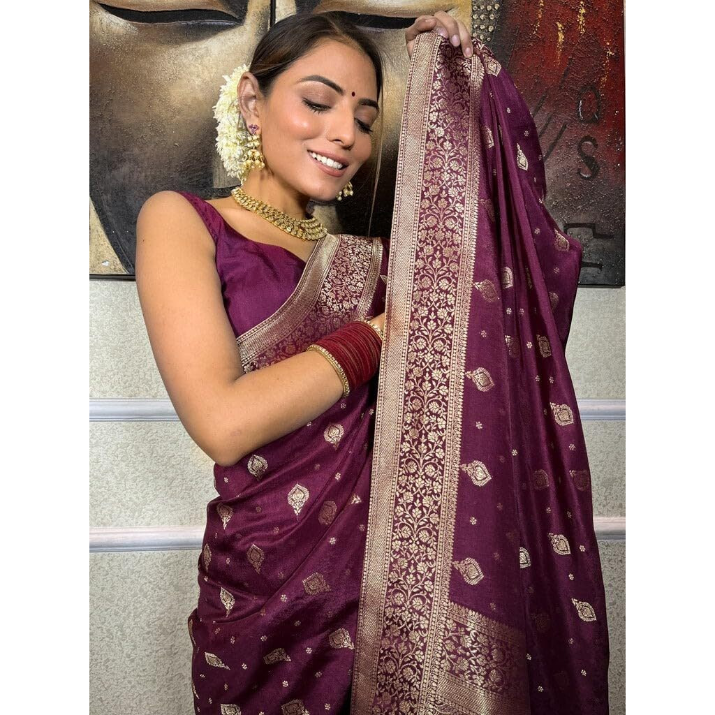 Flosive Women's Kanjivaram Silk Saree With Weaving Work With Blouse (Wine)