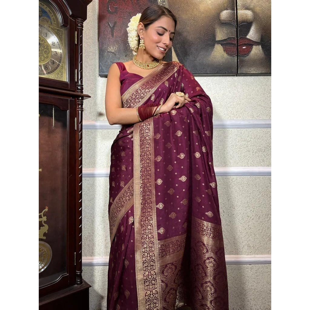 Flosive Women's Kanjivaram Silk Saree With Weaving Work With Blouse (Wine)