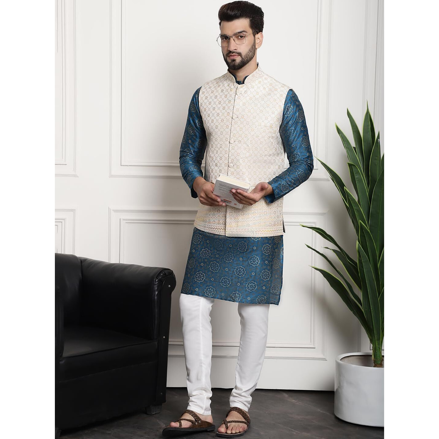 Sojanya (Since 1958 Men's Silk Blend Print Pblue Kurta And Cream Pyjama With Cream Nehru Jacket