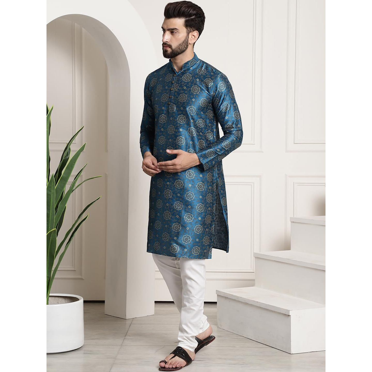 Sojanya (Since 1958 Men's Silk Blend Print Pblue Kurta And Cream Pyjama With Cream Nehru Jacket