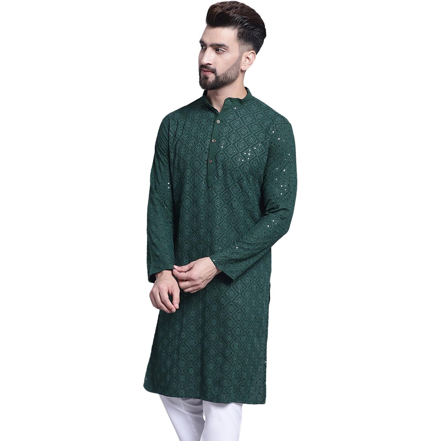 Sojanya (Since 1958 Men's Pure Cotton Dark Green Embroidered Diamond Sequence Kurta