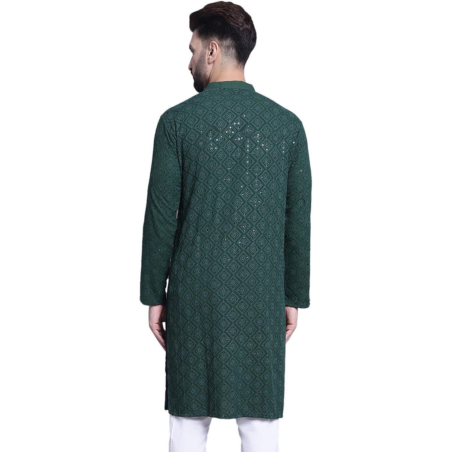 Sojanya (Since 1958 Men's Pure Cotton Dark Green Embroidered Diamond Sequence Kurta