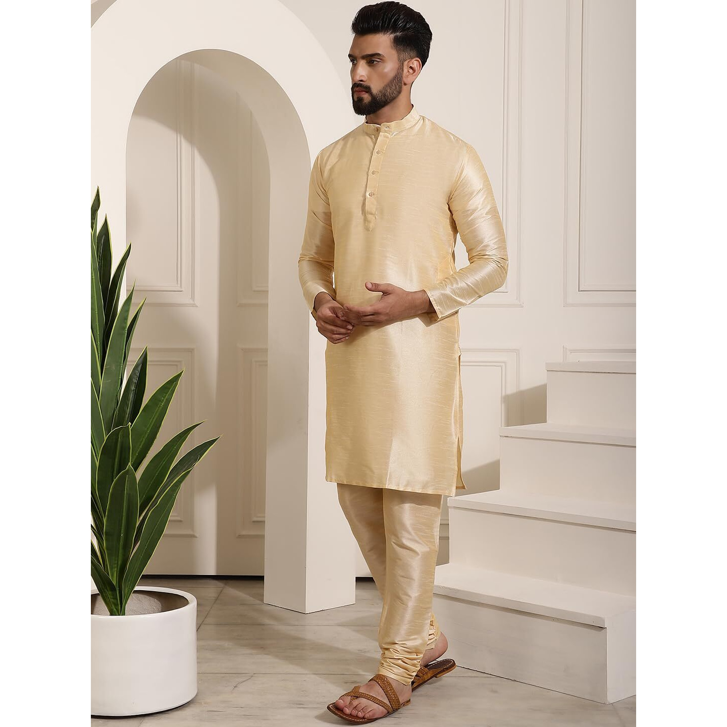 Sojanya (Since 1958 Men's Silk Blend Gold Kurta Pyjama & Peach Self Design Nehru Jacket Combo