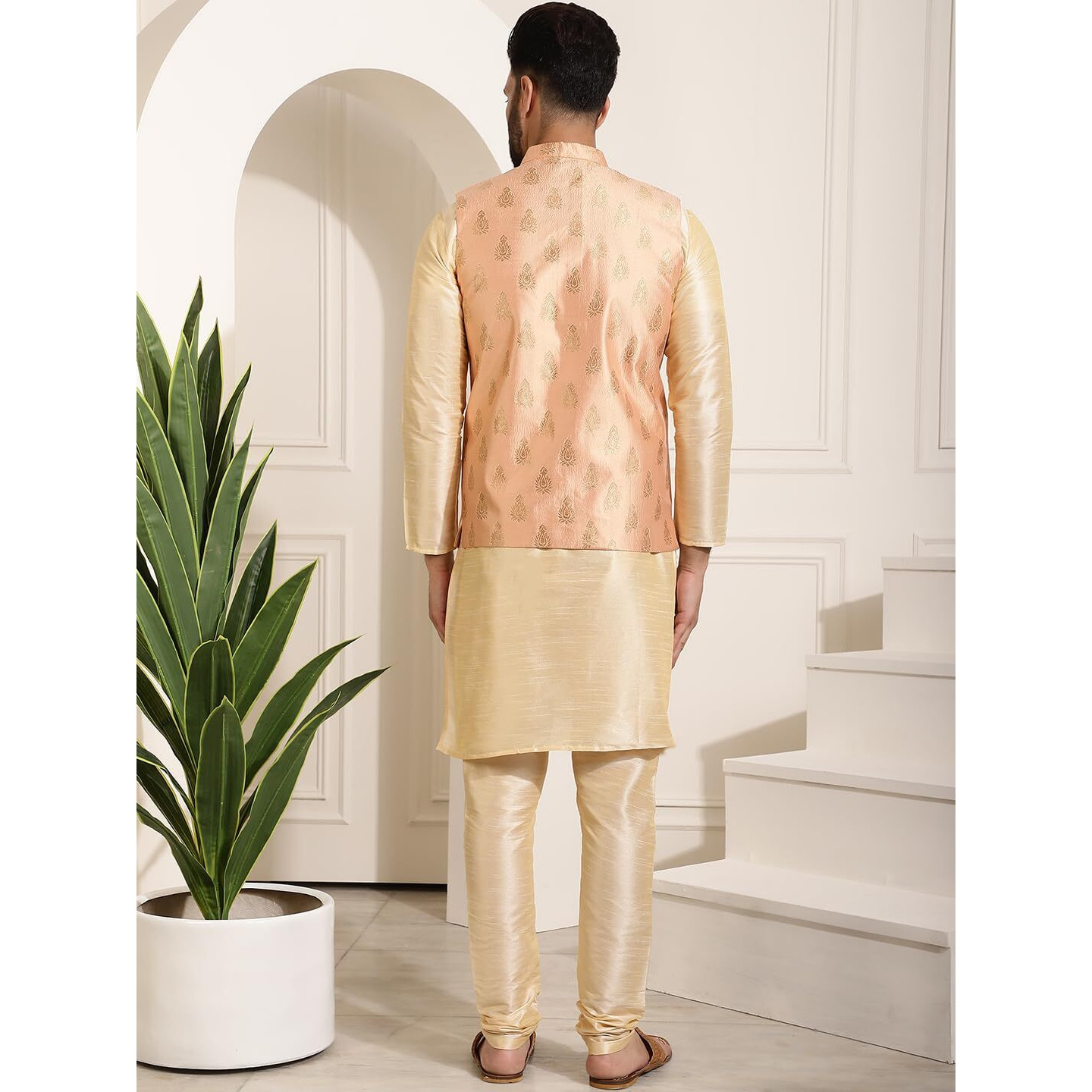 Sojanya (Since 1958 Men's Silk Blend Gold Kurta Pyjama & Peach Self Design Nehru Jacket Combo