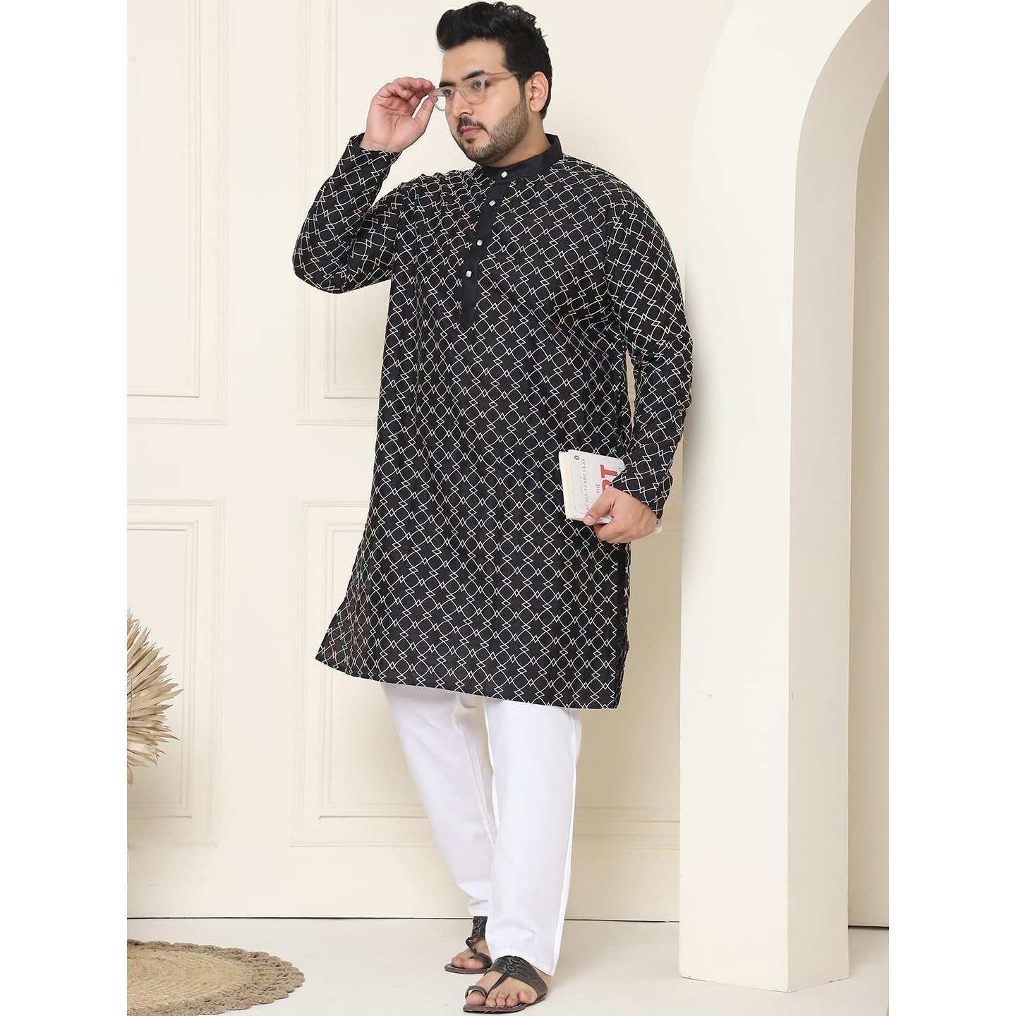 Sojanya Plus (Since 1958) Men's Silk Blend Black Kurta With Multi Color Embroidery And White Pyjama
