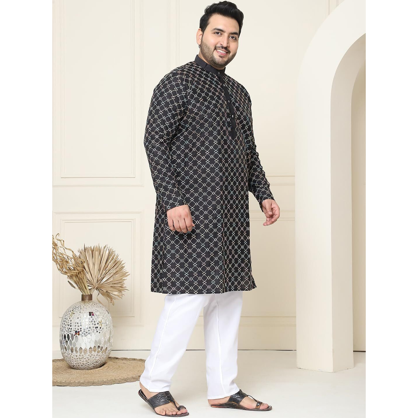 Sojanya Plus (Since 1958) Men's Silk Blend Black Kurta With Multi Color Embroidery And White Pyjama