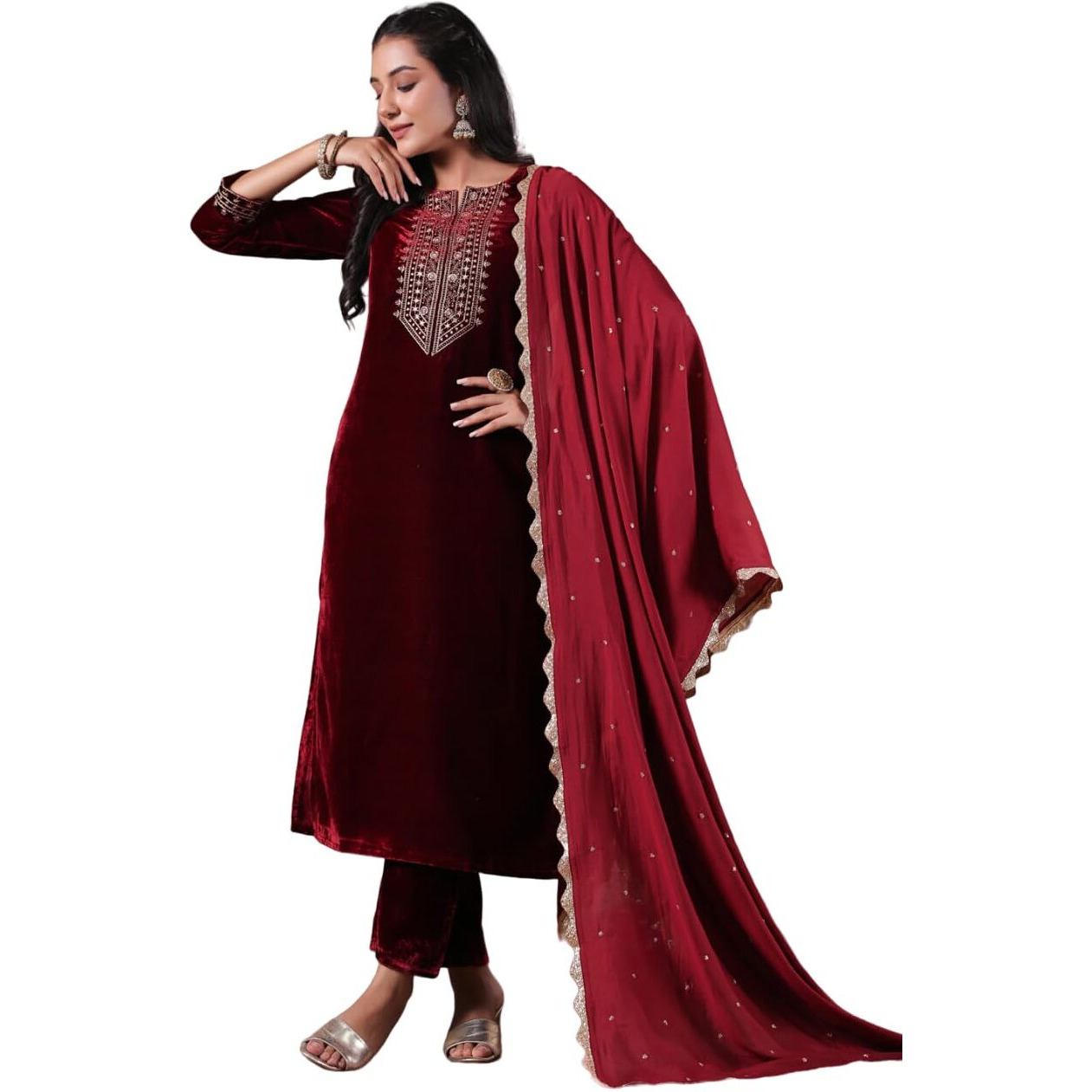 Ishin Women's Velvet Yoke Design Zari Maroon Straight Kurta Suit Set With Trousers & Dupatta