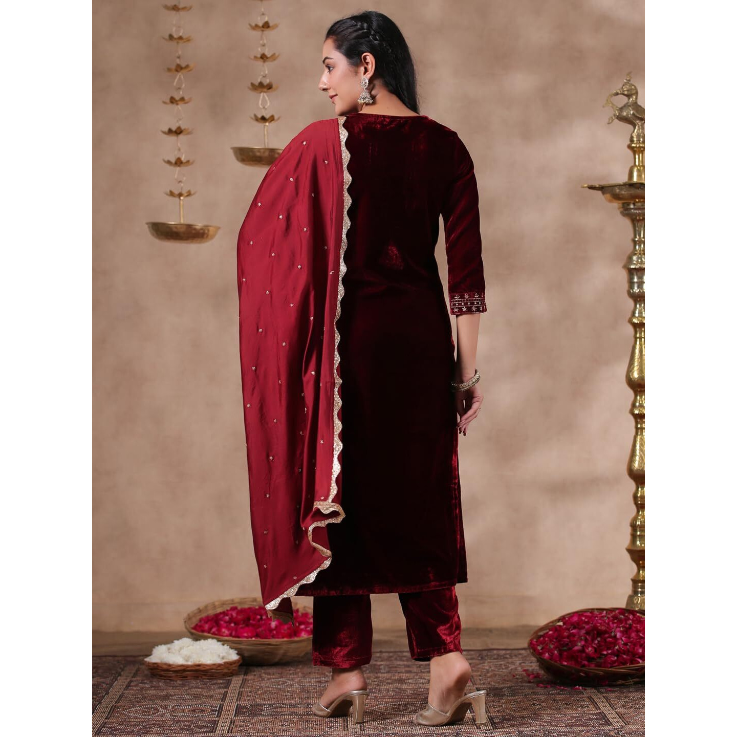 Ishin Women's Velvet Yoke Design Zari Maroon Straight Kurta Suit Set With Trousers & Dupatta