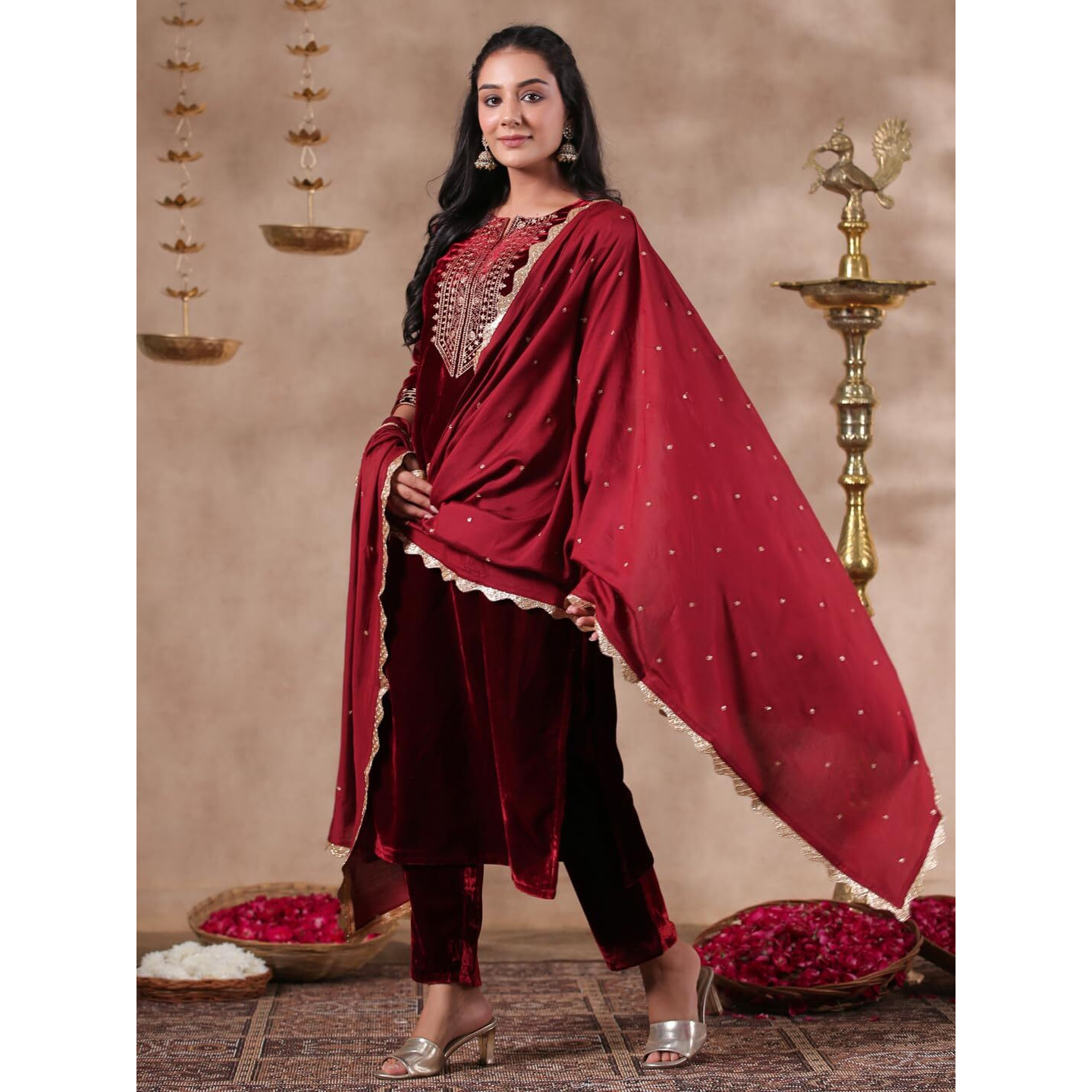 Ishin Women's Velvet Yoke Design Zari Maroon Straight Kurta Suit Set With Trousers & Dupatta