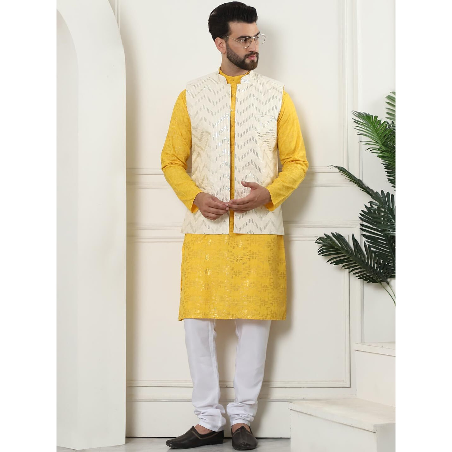 Sojanya (Since 1958 Men's Cotton Foil Printed Mustard Kurta And White Pyjama With Cream Nehru Jacket
