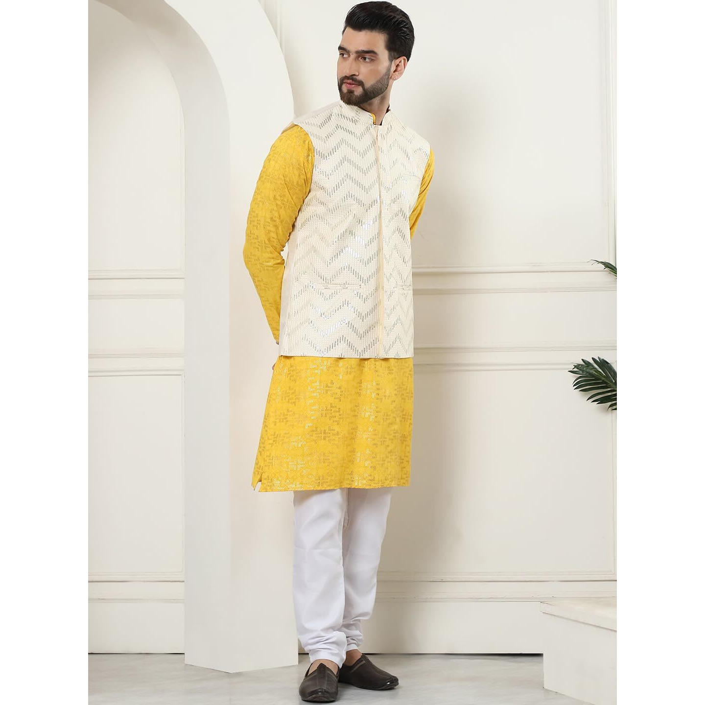 Sojanya (Since 1958 Men's Cotton Foil Printed Mustard Kurta And White Pyjama With Cream Nehru Jacket
