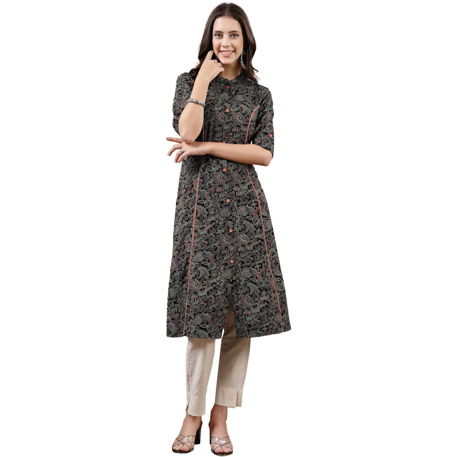 Stylum Women's Black Paisley Printed Rayon A-Line Kurta (Blackbarfi42_Black, Xl)