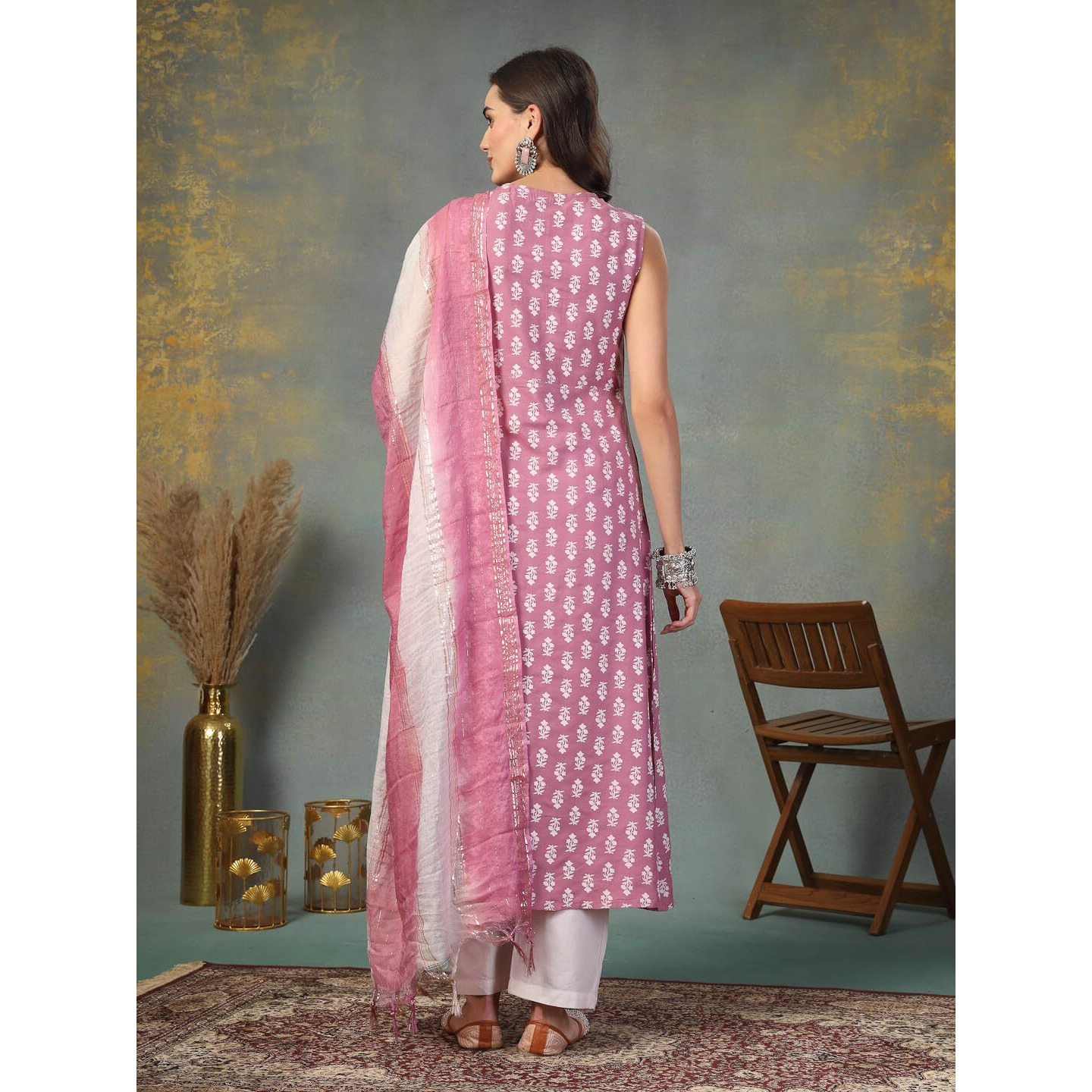 Stylum Women's Printed & Embroidered Rayon A-Line Kurta Dupatta Set (Kdmauvemoko36_Mauve, S)