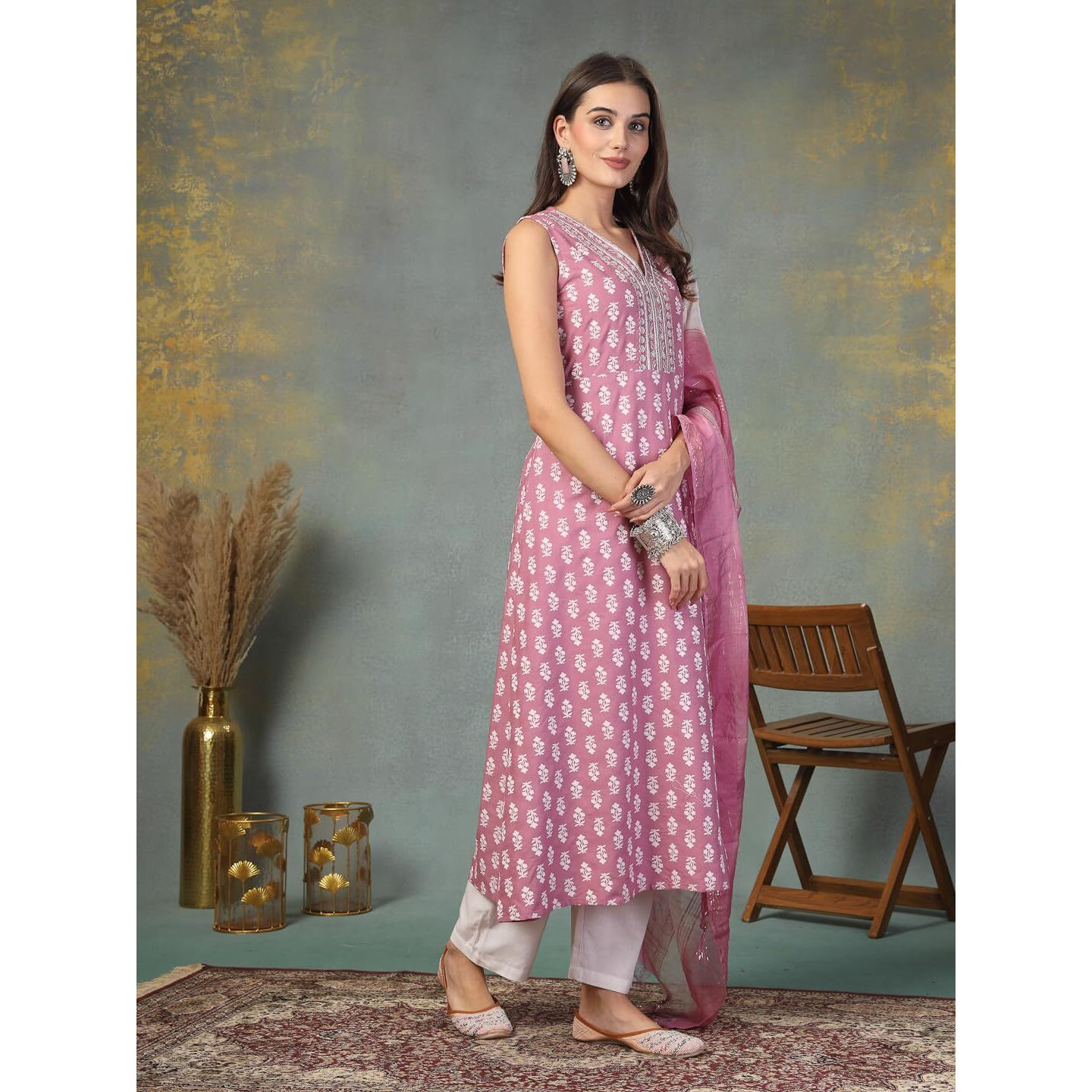 Stylum Women's Printed & Embroidered Rayon A-Line Kurta Dupatta Set (Kdmauvemoko36_Mauve, S)