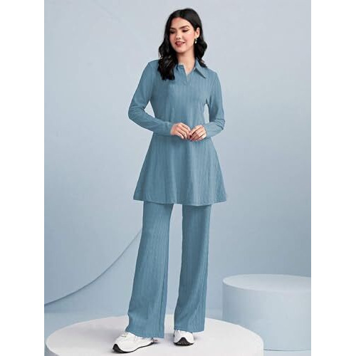 Tadkee Women's Solid Color Two-Piece Set | Long Sleeve Top & Wide Leg Pants Co-Ord Set | Casual Wear Co Ord Set (Fn-Full-Sleeve-Cord-125-Aqua-S)