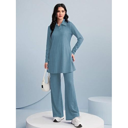 Tadkee Women's Solid Color Two-Piece Set | Long Sleeve Top & Wide Leg Pants Co-Ord Set | Casual Wear Co Ord Set (Fn-Full-Sleeve-Cord-125-Aqua-S)