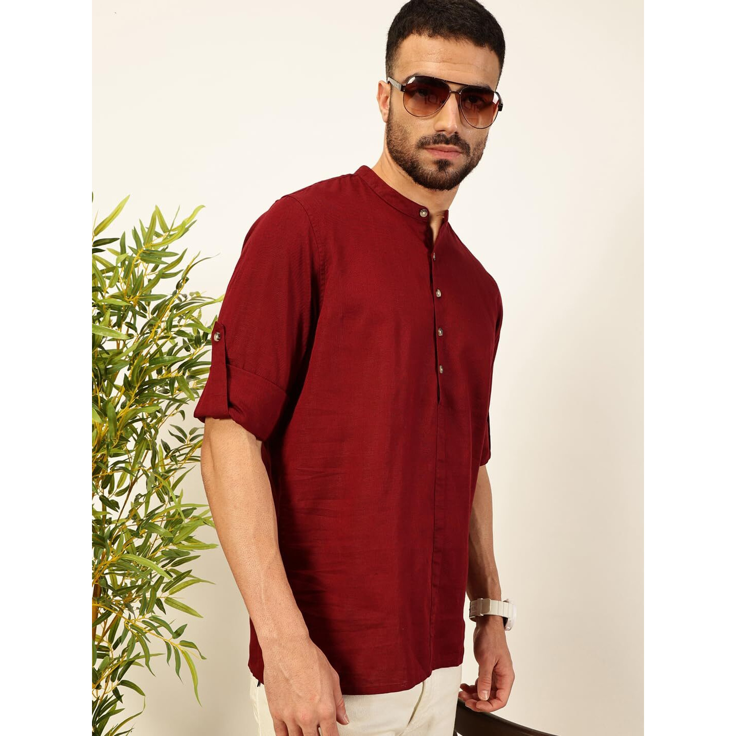 Thomas Scott Mens Linen Solid Kurta Shirt (Ts1529_Maroon_L)