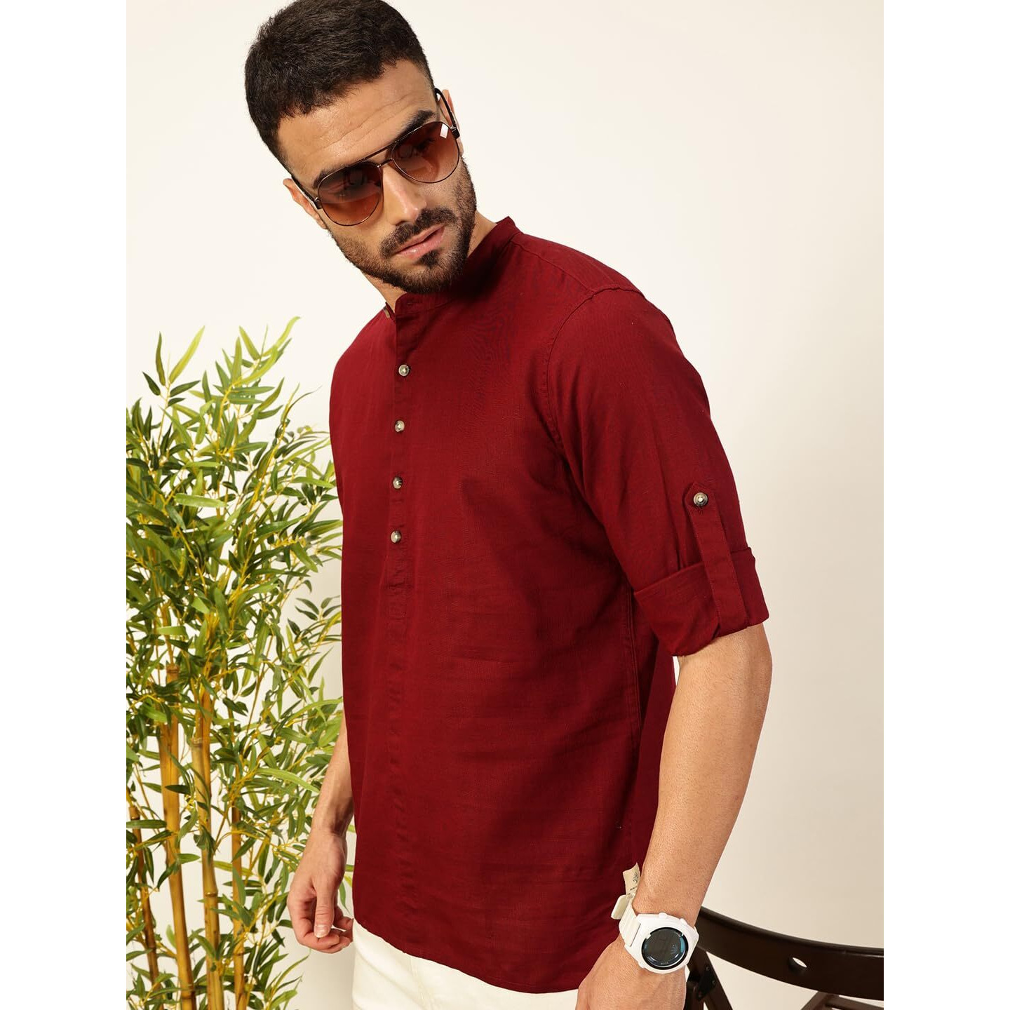 Thomas Scott Mens Linen Solid Kurta Shirt (Ts1529_Maroon_L)