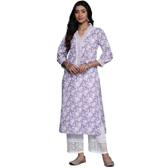 Varanga Women Floral Printed V-Neck With Lace Detail Kurta Lavender