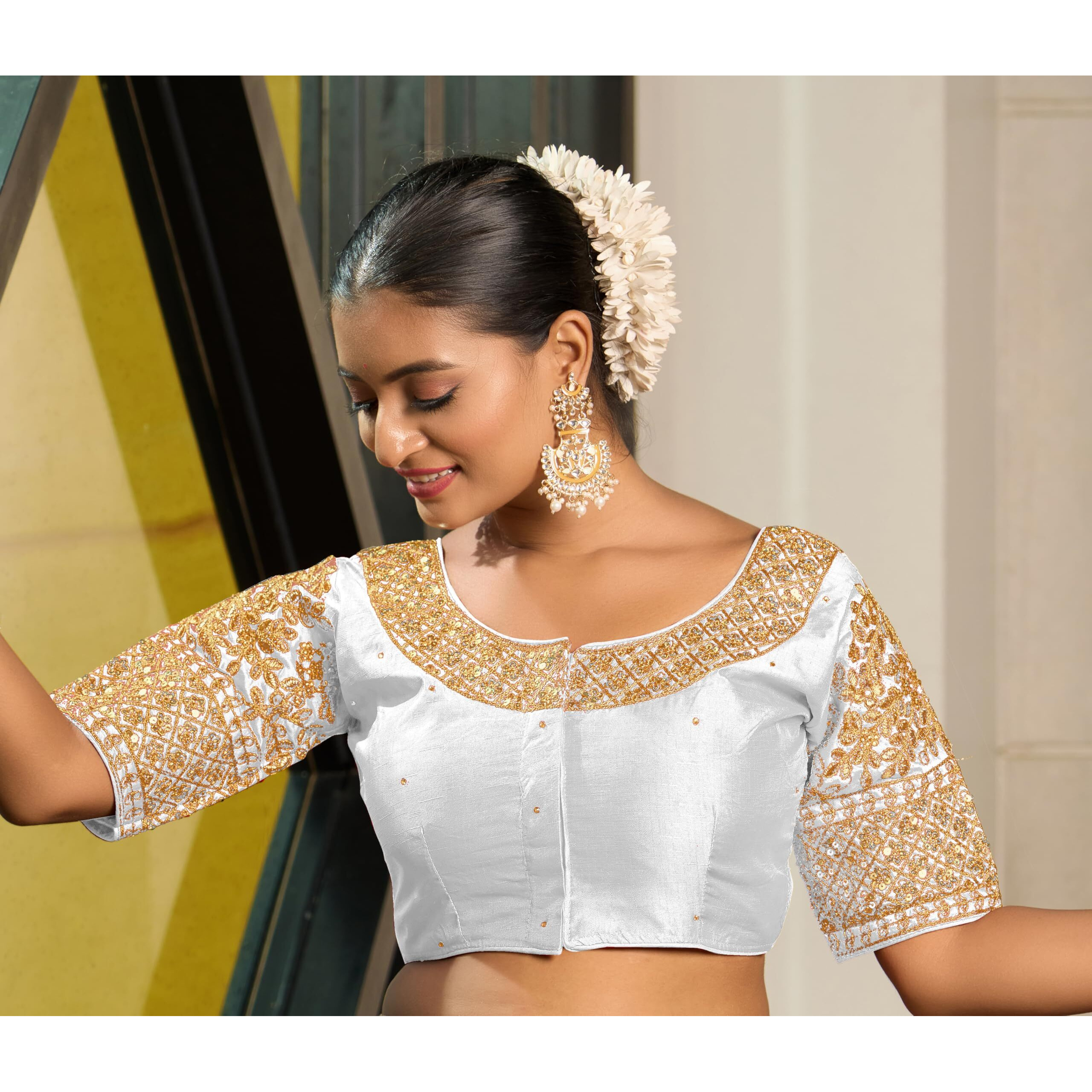 Vihu Fashion Women's Heavy Embroidery Coding With Sequins Work Half Sleeves Fancy Readymade Saree Blouse(Chamak White_38)