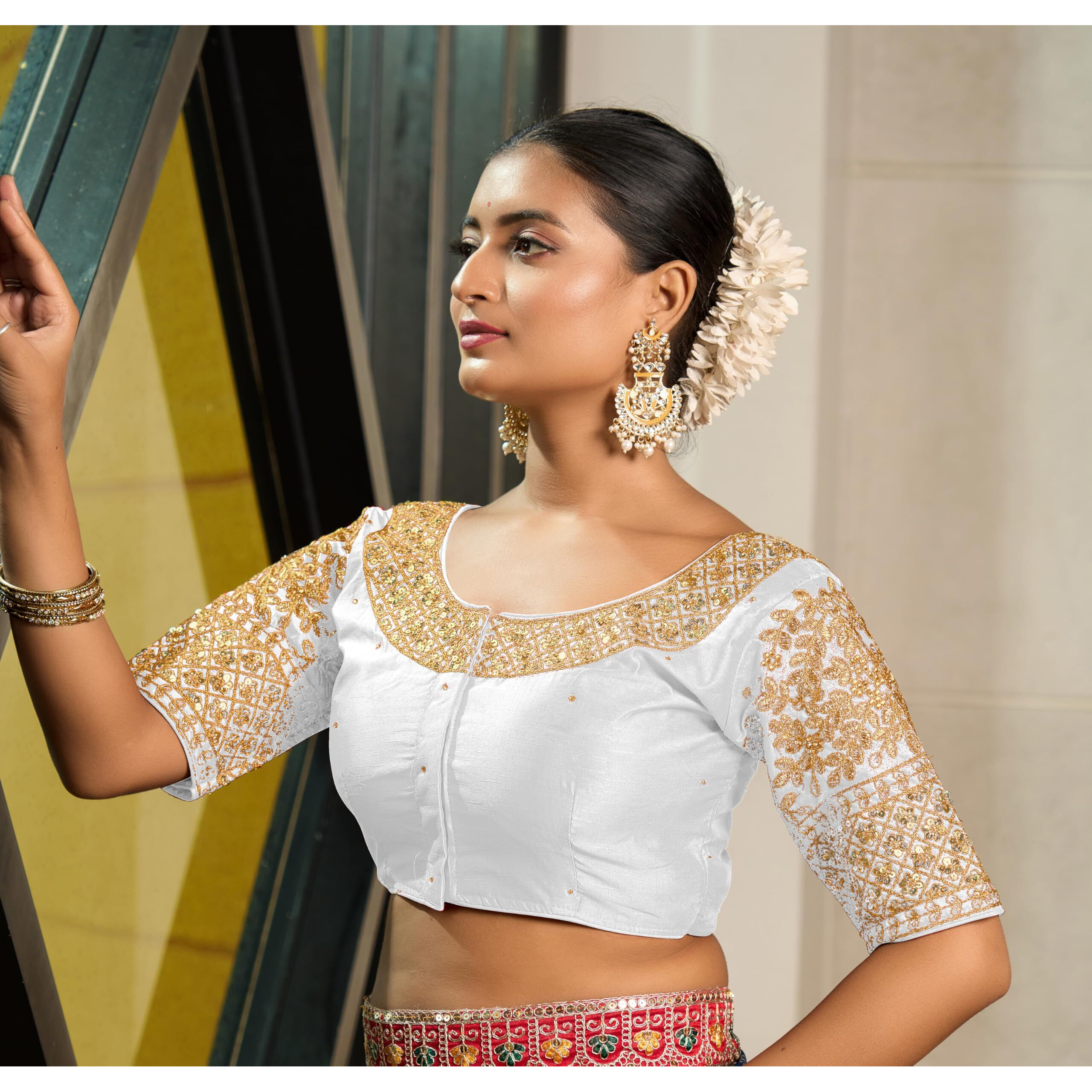 Vihu Fashion Women's Heavy Embroidery Coding With Sequins Work Half Sleeves Fancy Readymade Saree Blouse(Chamak White_38)