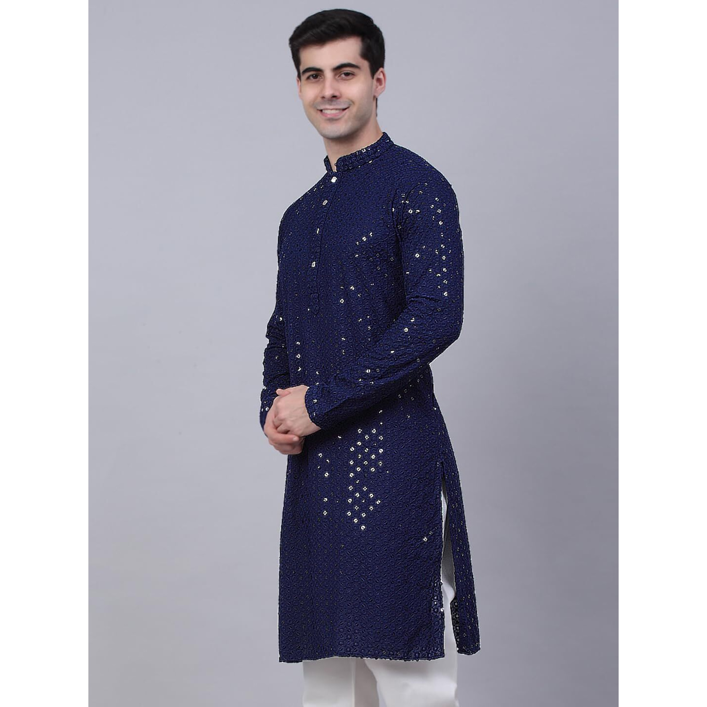 Jompers Men's Chikankari Embroidered And Sequence Kurtas (Navy, Xxl)