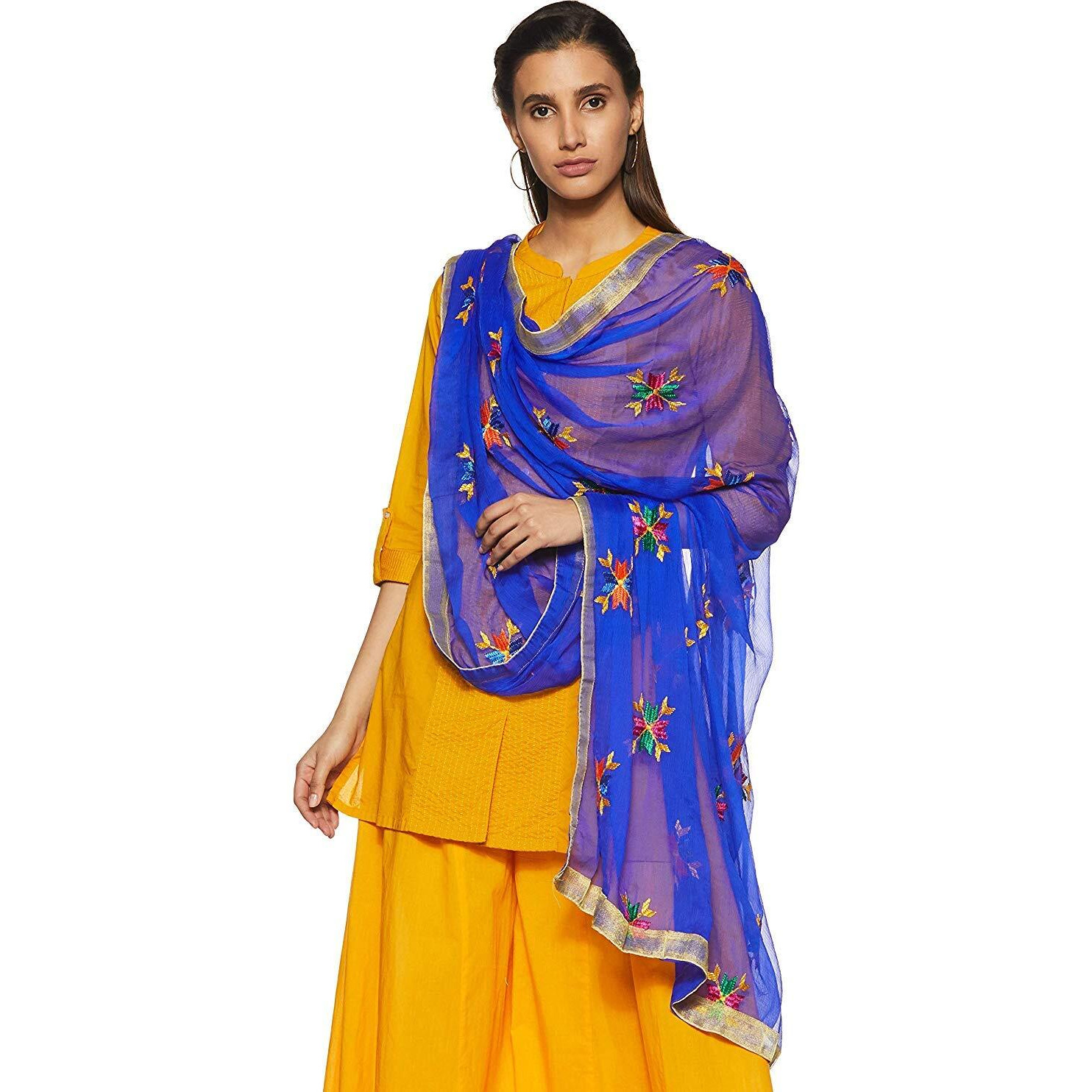 Weavers Villa Punjabi Hand Embroidery Phulkari Buty Work Faux Chiffon Blue Dupatta, Stoles, 2.25 Mtrs