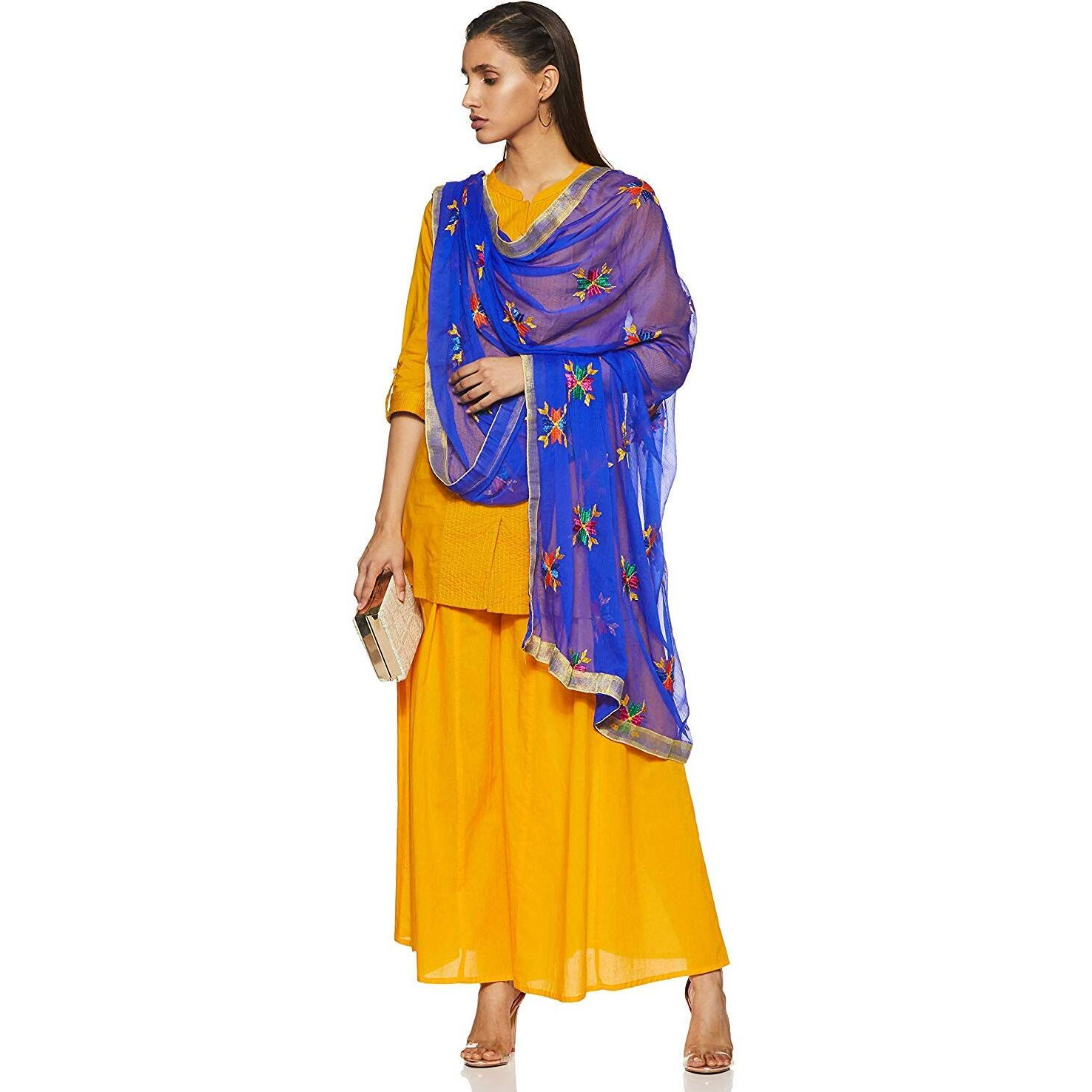 Weavers Villa Punjabi Hand Embroidery Phulkari Buty Work Faux Chiffon Blue Dupatta, Stoles, 2.25 Mtrs