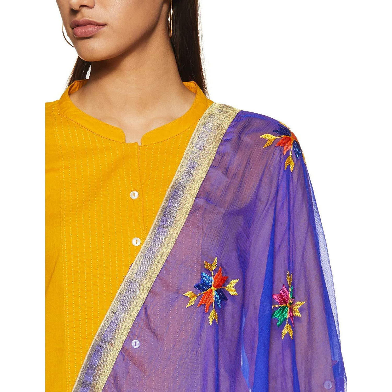 Weavers Villa Punjabi Hand Embroidery Phulkari Buty Work Faux Chiffon Blue Dupatta, Stoles, 2.25 Mtrs