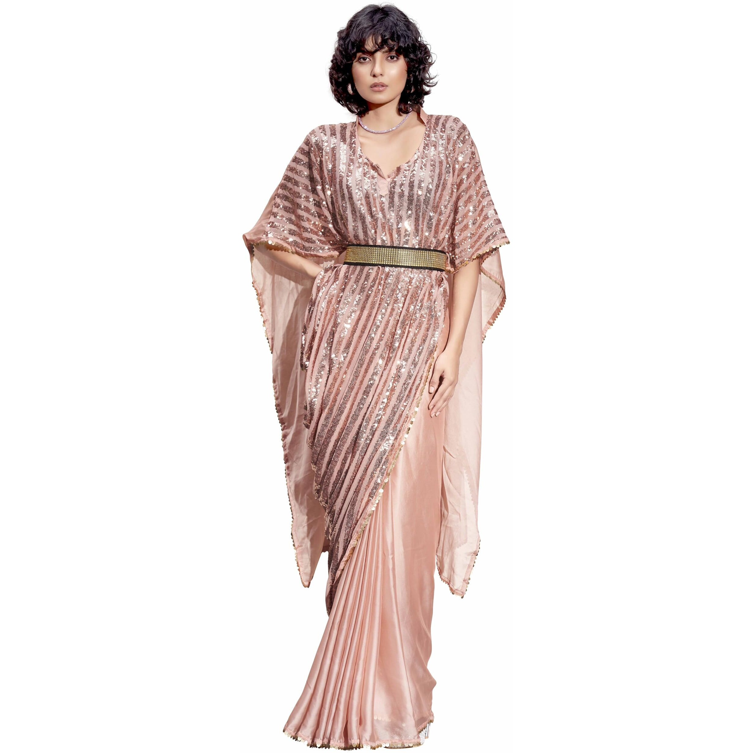 Womanista Women's Sequinns Embellished Crepe Kaftan Saree With Un-Stitched Blouse