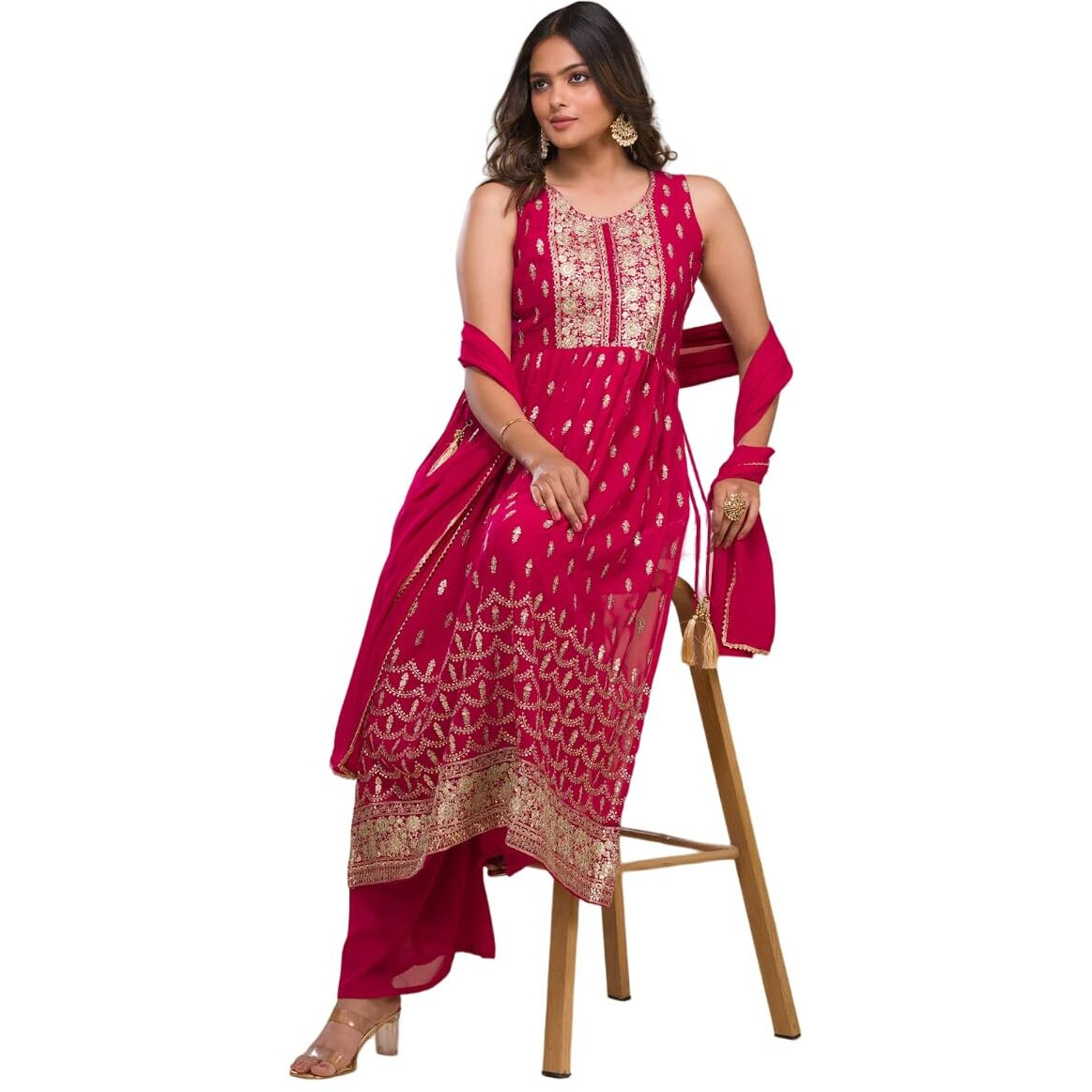 Xomantic Fashion Rani Pink Zariwork Georgette Readymade Salwar Suit (Medium, Pink)