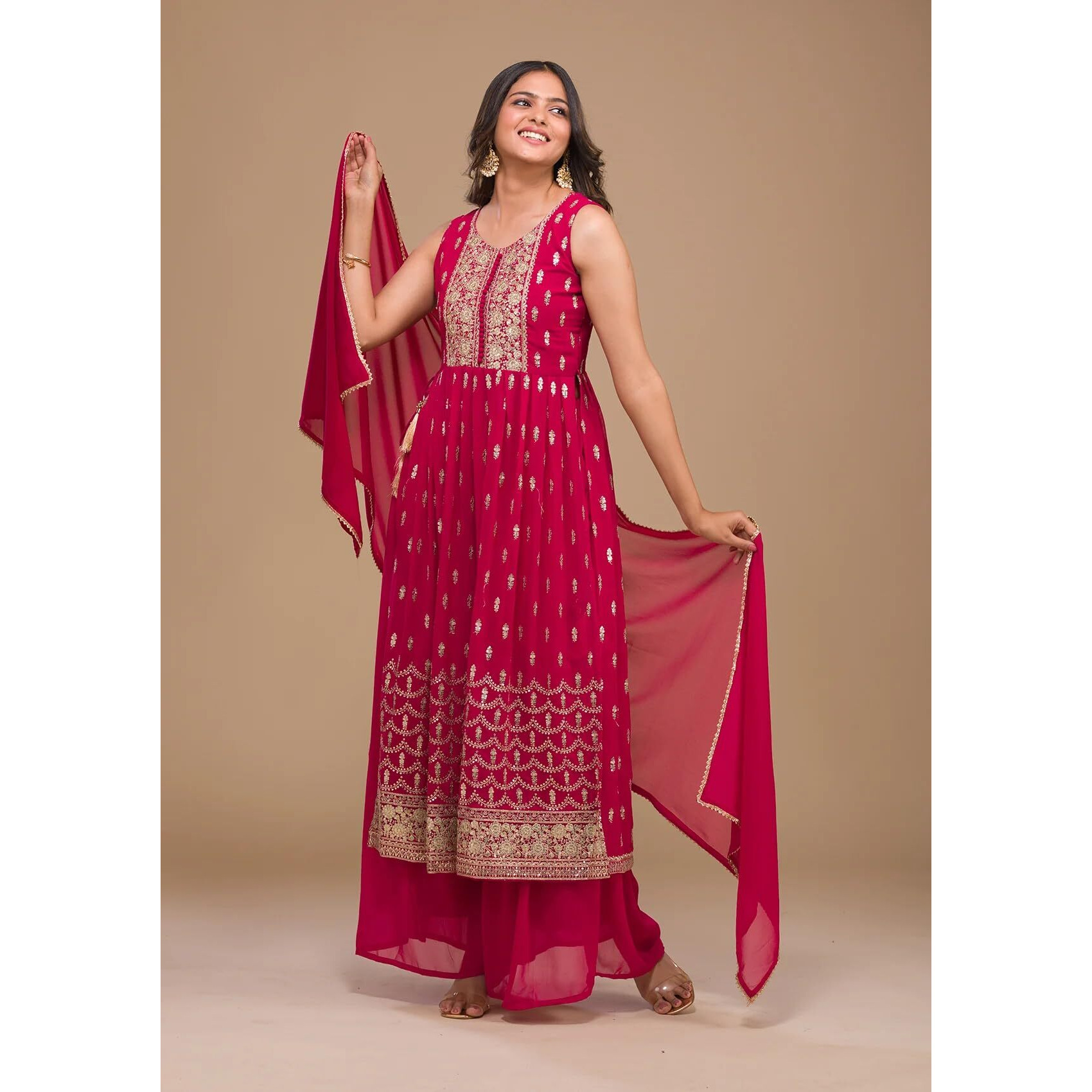 Xomantic Fashion Rani Pink Zariwork Georgette Readymade Salwar Suit (Medium, Pink)
