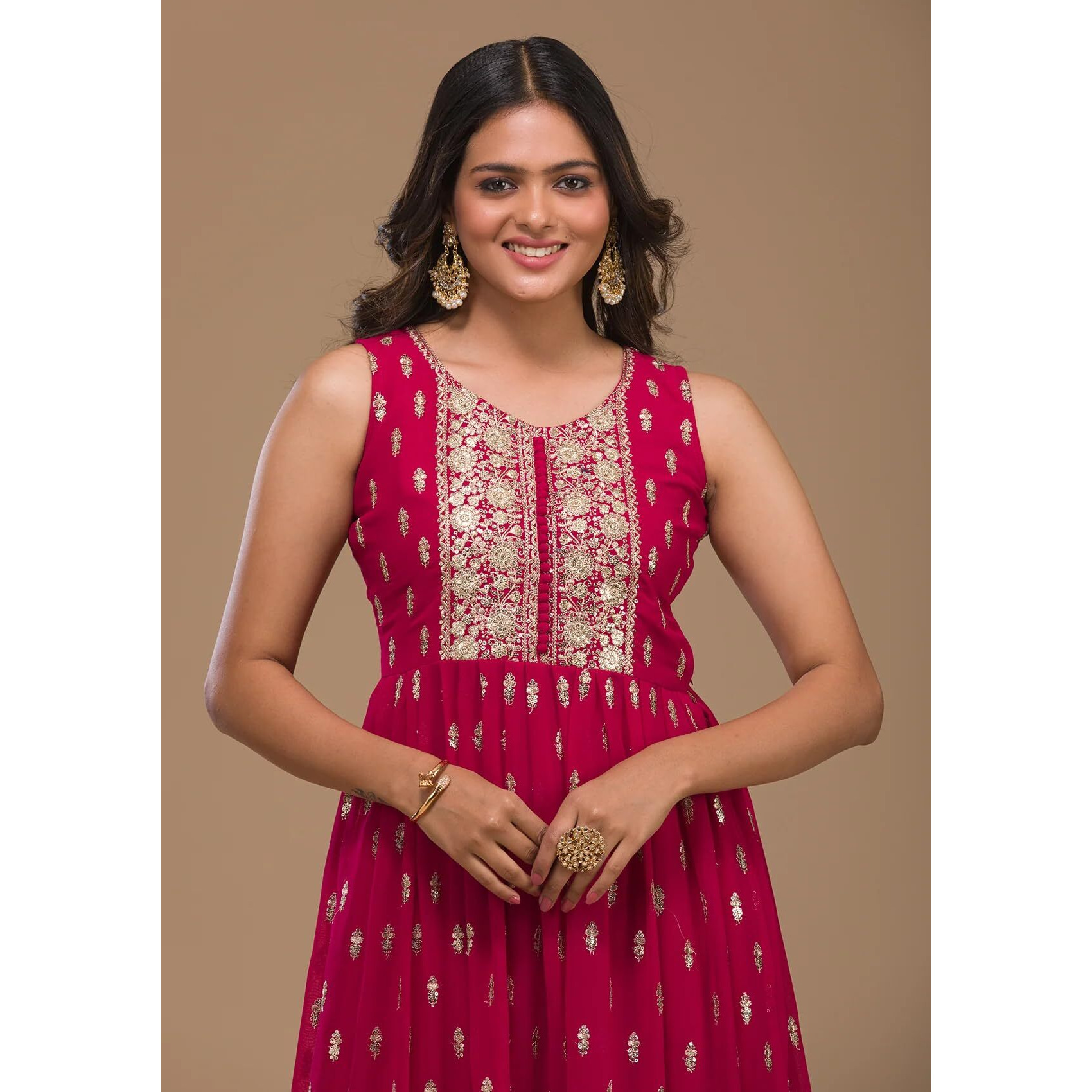Xomantic Fashion Rani Pink Zariwork Georgette Readymade Salwar Suit (Medium, Pink)