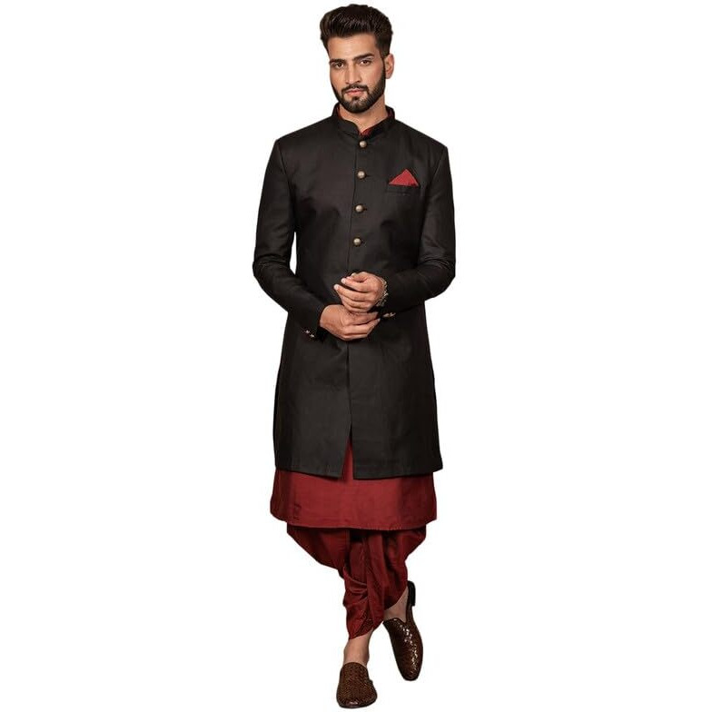 Kisah Men's Kurta Sherwani Dhoti Set Indo-Western, Black Cotton Blend, Solid Long Sleeves Regular Fit Mandarin Collar (Small)