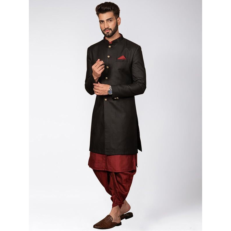 Kisah Men's Kurta Sherwani Dhoti Set Indo-Western, Black Cotton Blend, Solid Long Sleeves Regular Fit Mandarin Collar (Small)