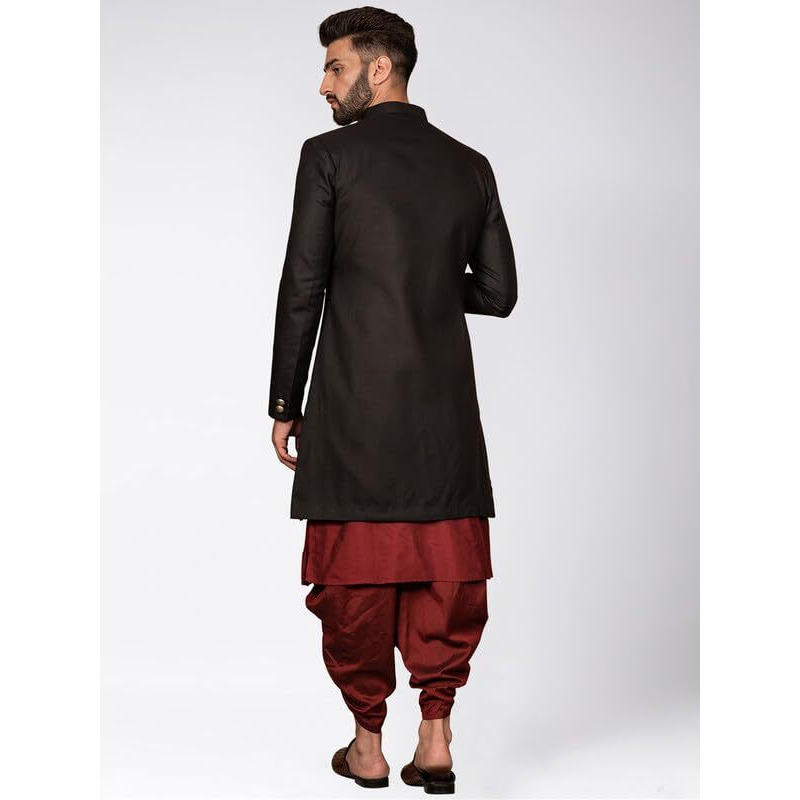 Kisah Men's Kurta Sherwani Dhoti Set Indo-Western, Black Cotton Blend, Solid Long Sleeves Regular Fit Mandarin Collar (Small)