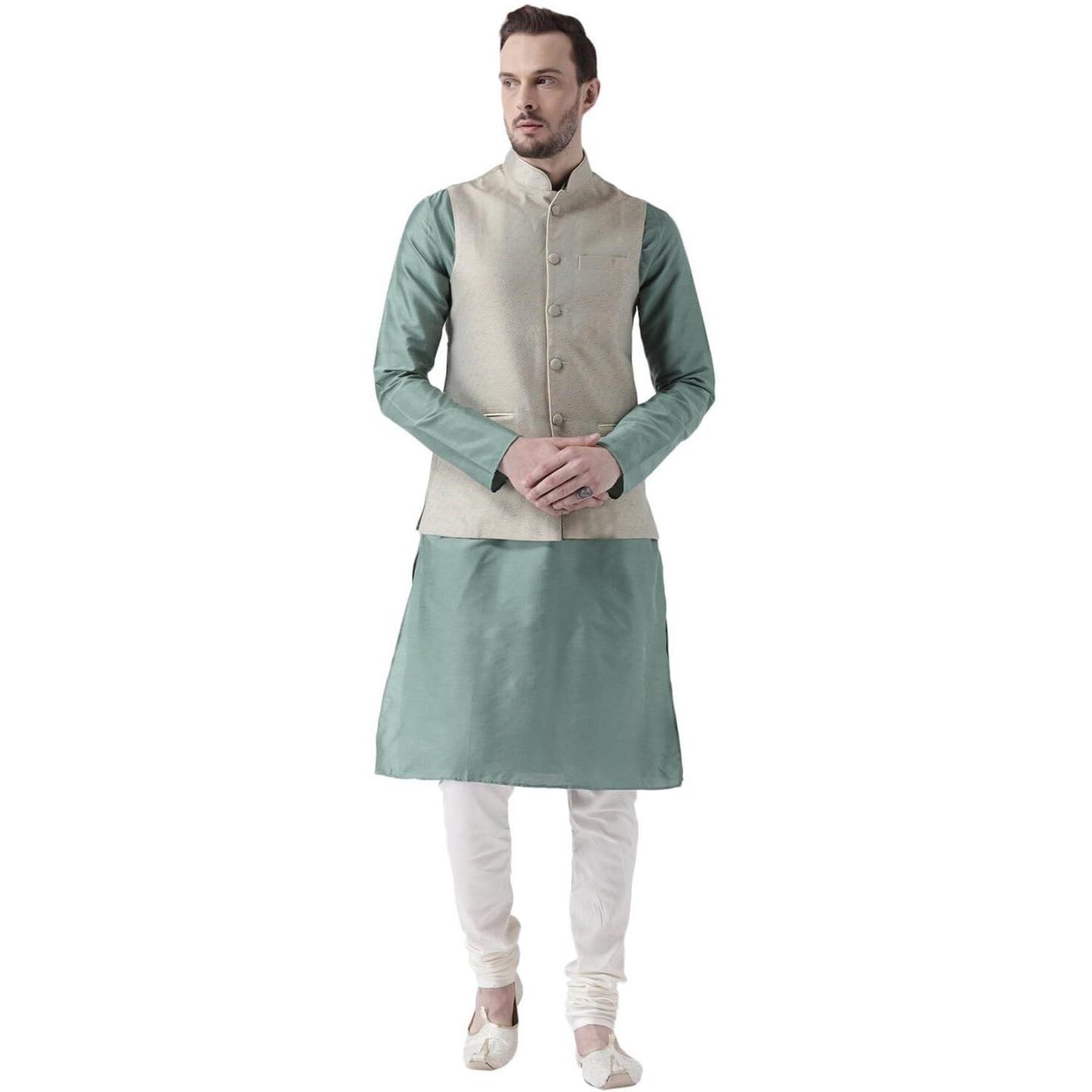 Kisah Men Green Cream Solid Banarasi Kurta With Churidar Nehru Jacket, Full Sleaves, Knee Length, Straight, Regular Fit, Mandarin Collar Ethnic Wear