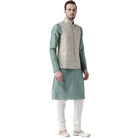 Kisah Men Green Cream Solid Banarasi Kurta With Churidar Nehru Jacket, Full Sleaves, Knee Length, Straight, Regular Fit, Mandarin Collar Ethnic Wear