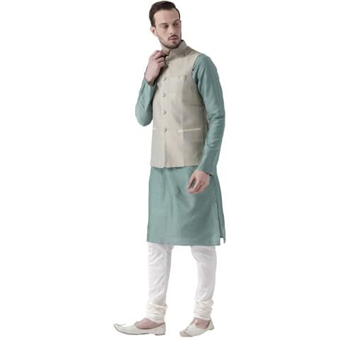 Kisah Men Green Cream Solid Banarasi Kurta With Churidar Nehru Jacket, Full Sleaves, Knee Length, Straight, Regular Fit, Mandarin Collar Ethnic Wear
