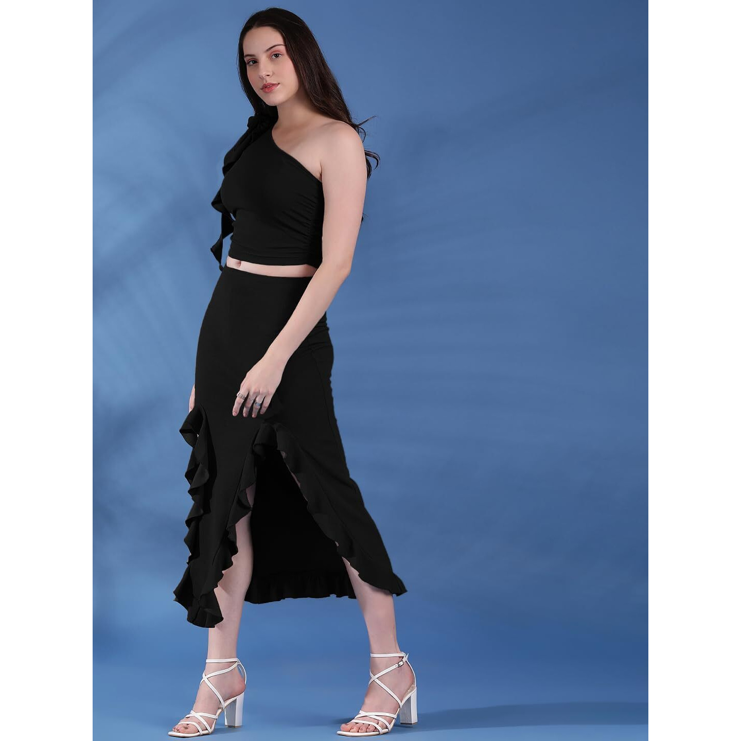 Kotty Women's One Shoulder Sleeveless Top Skirt Co-Ords(Black,M)