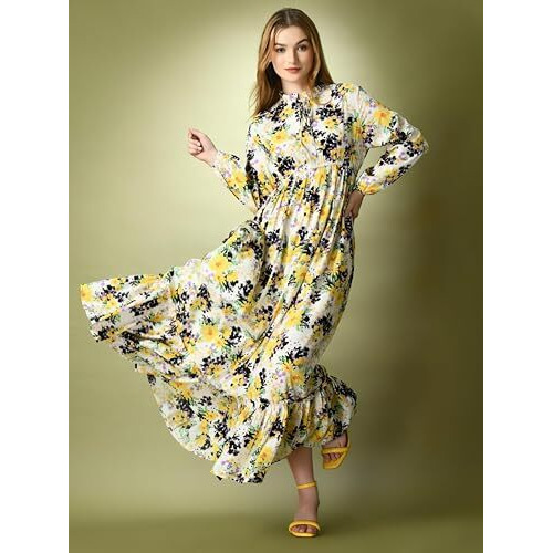 Kzully Women's Crepe A-Line Maxi Dress (8001-White-Yellow-Flower-Xl_White