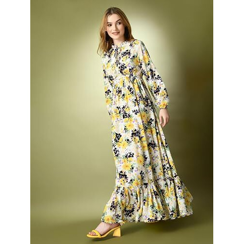 Kzully Women's Crepe A-Line Maxi Dress (8001-White-Yellow-Flower-Xl_White