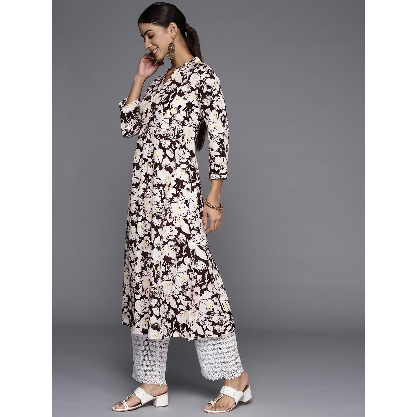 Varanga Brown Floral Printed Mandarin Collar With Slit, Three Quarter Sleeves, Empire Line Gather Detail A-Line Kurta With Side Slits