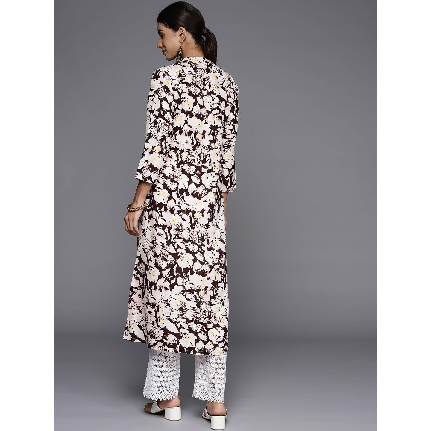 Varanga Brown Floral Printed Mandarin Collar With Slit, Three Quarter Sleeves, Empire Line Gather Detail A-Line Kurta With Side Slits